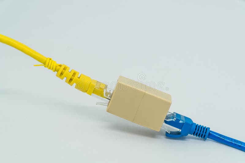 Blue and Yellow ethernet Cat5e cables plug RJ45 cable extender on a white background