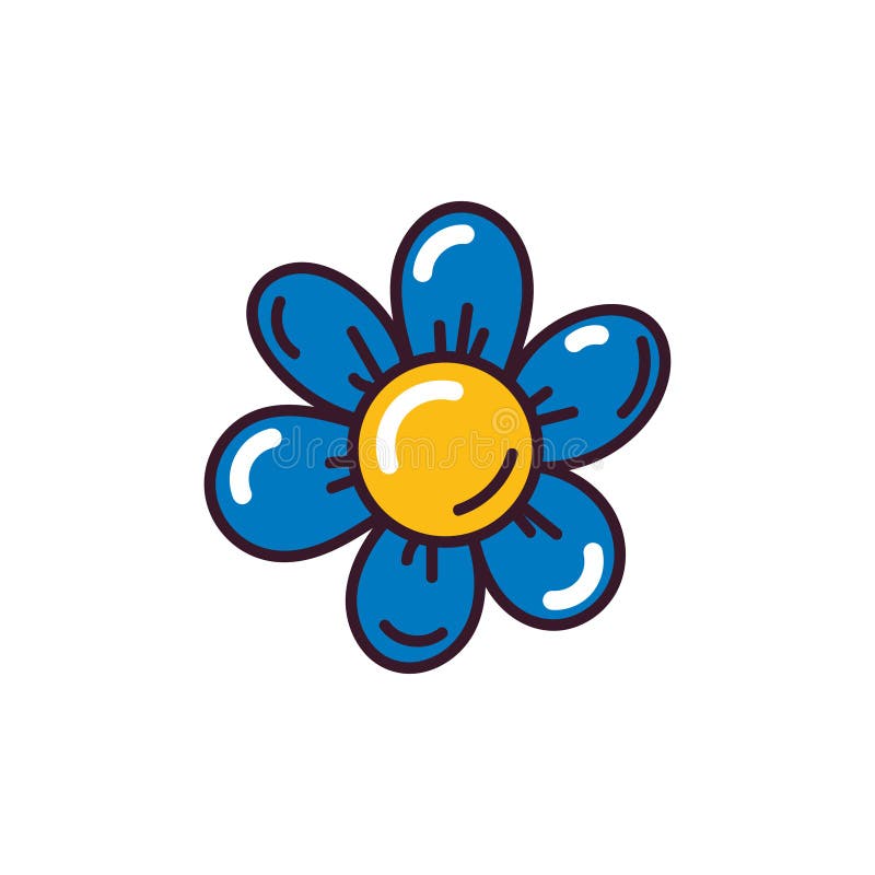 Blue and Yellow Flower in Doodle Style Isolated on White Background