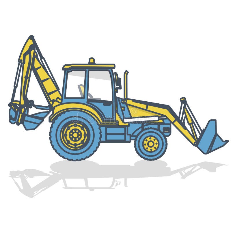 Blue yellow outlined big excavator, digger on white. Digging of ground. Construction machinery and ground works. Professional flatten isolated illustration master vector