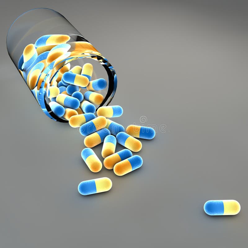 Blue and yellow pills and bottle