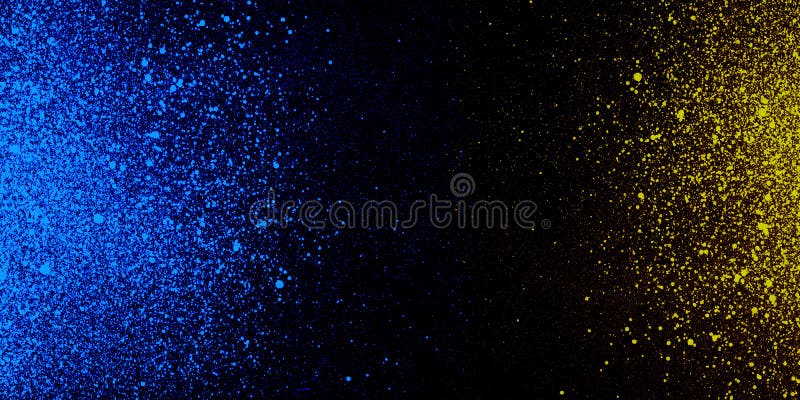 Blue yellow powder explosion. Abstract golden blue dust isolated on black background. Paint burst