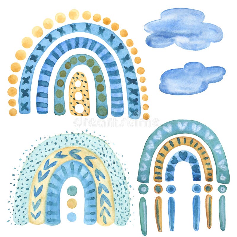 Blue Yellow rainbow and clouds Watercolor Clipart. Boho style hand-drawn art decor. Baby boy shower party design. Collection Illustrations Isolated on white background. Blue Yellow rainbow and clouds Watercolor Clipart. Boho style hand-drawn art decor. Baby boy shower party design. Collection Illustrations Isolated on white background.