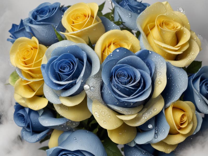 Blue and Yellow Roses Beautifully Arranged in a Vase Stock Photo