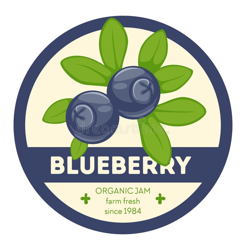 Cooked fruits and berries with sugar. Blueberry organic and farm fresh jam. Element for parfait and condiment to desserts. Product label or logo, sticker or emblem for package. Vector in flat style. Cooked fruits and berries with sugar. Blueberry organic and farm fresh jam. Element for parfait and condiment to desserts. Product label or logo, sticker or emblem for package. Vector in flat style