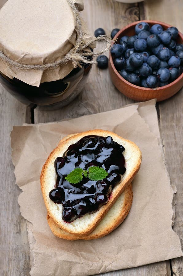 Blueberry Jam on Bread on Wooden Table Stock Photo Image of health