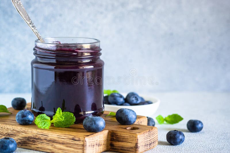 Blueberry Jam in the Glass Jar with Fresh Berries. Stock Image Image