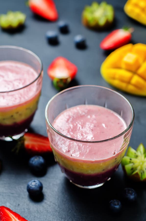 Blueberry Mango Strawberry Kiwi Banana Greek Yogurt Smoothies Stock