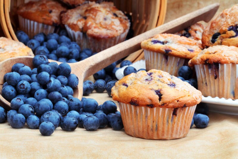 Deliziosa casa blueberry muffin con mirtilli freschi fuoriuscita da un cucchiaio di legno e cesto di vimini.