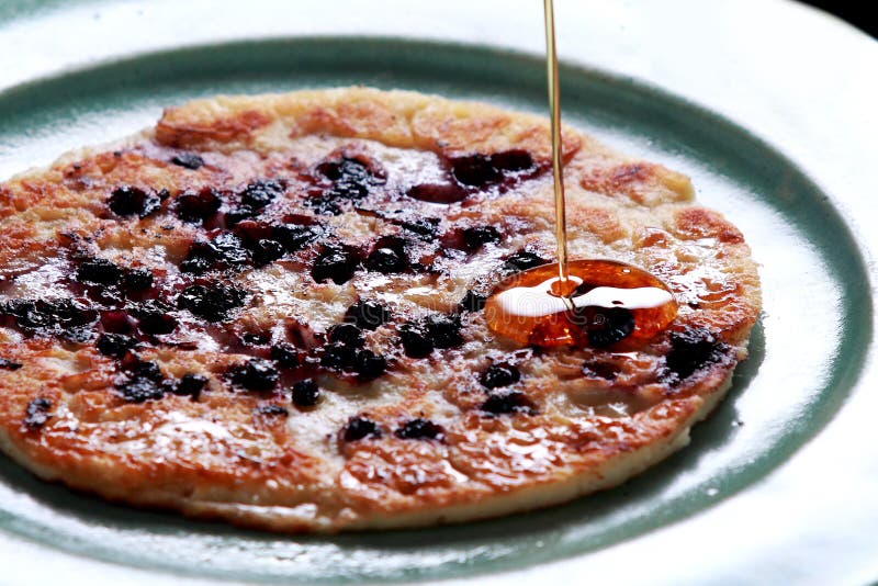 Blueberry Pancake Poured with Maple Syrup Stock Image Image of honey