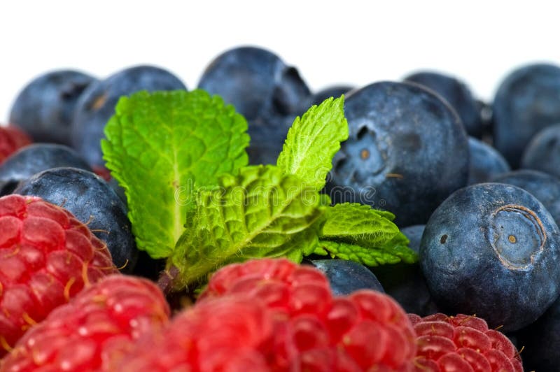 Blueberry and rasperry with mint leaves