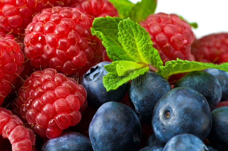 Blueberry and rasperry with mint leaves