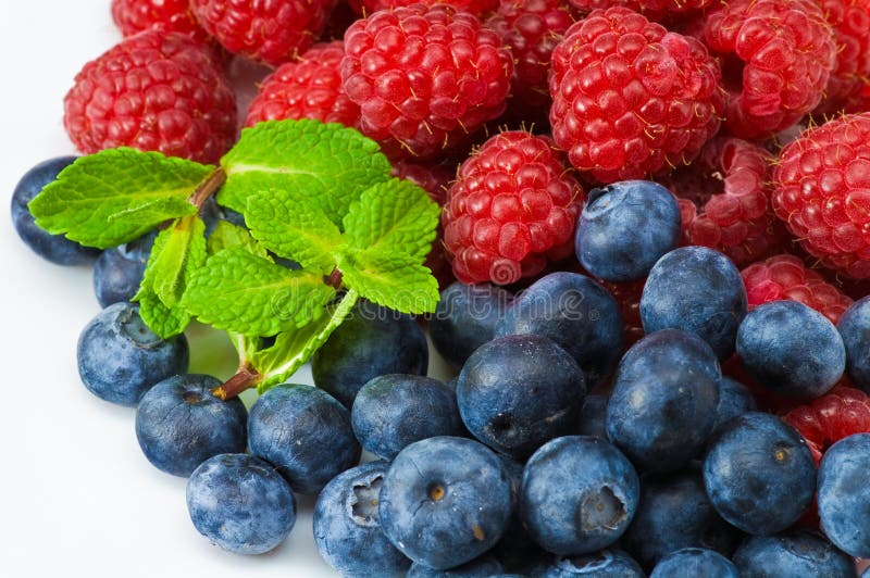 Blueberry and rasperry with mint leaves