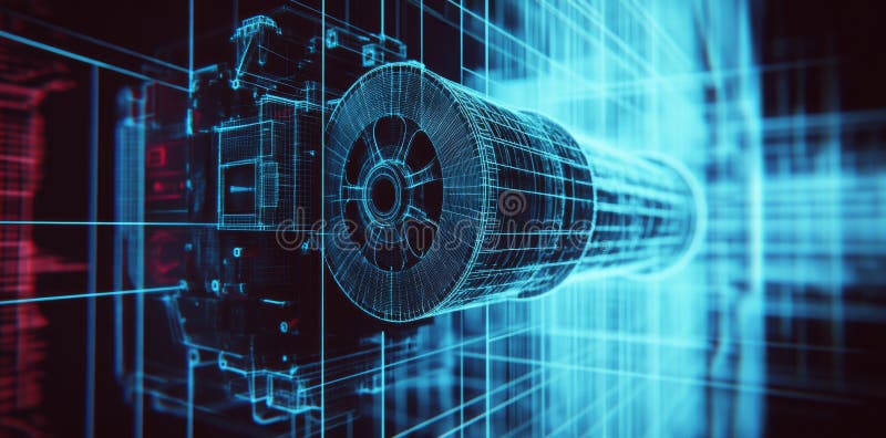 The blueprint for complex machinery appears on an illuminated digital grid stock photo