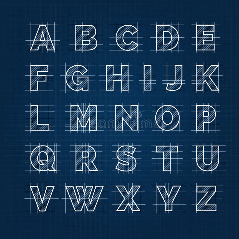 Blueprint drafting alphabet vector illustration