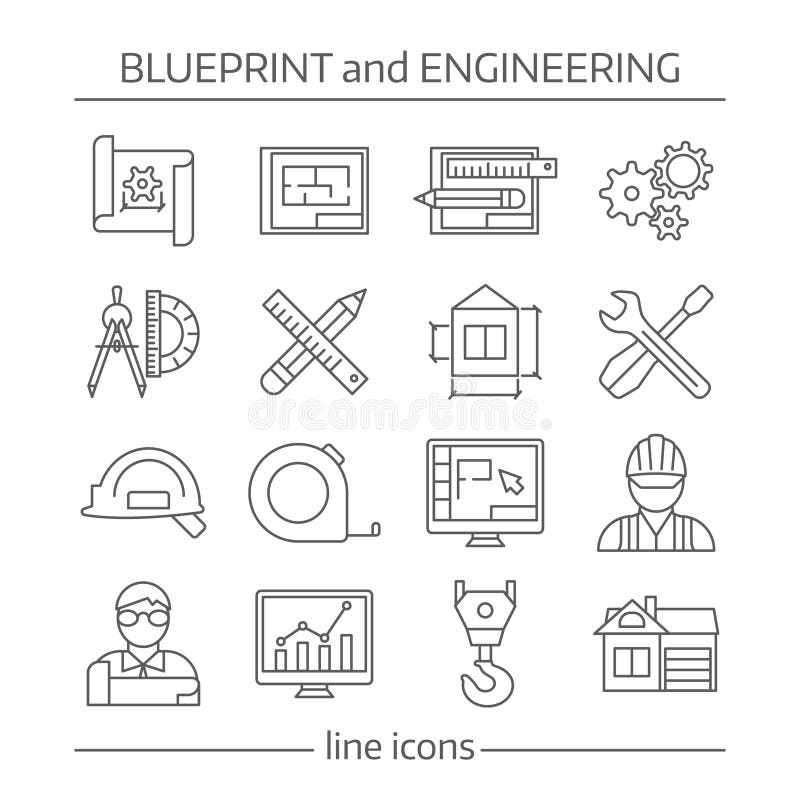 Blueprint And Engineering Linear Icons Set stock illustration