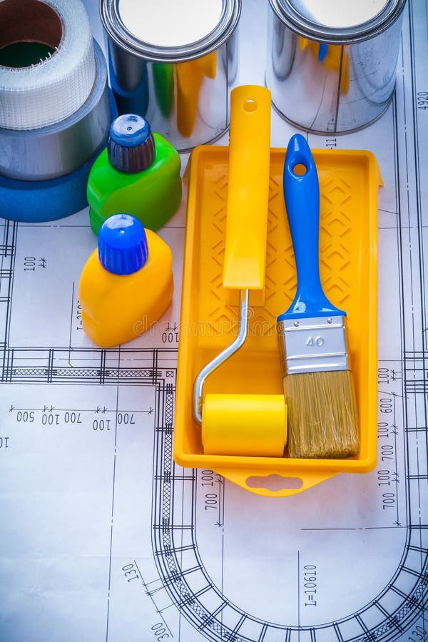 Blueprint Paint Brush Tray Roller Cans Stock Photos Free & Royalty