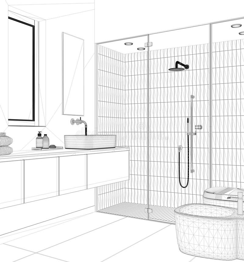 Blueprint Project Draft, Modern Bathroom, Spa, Concrete Tiles Floor ...