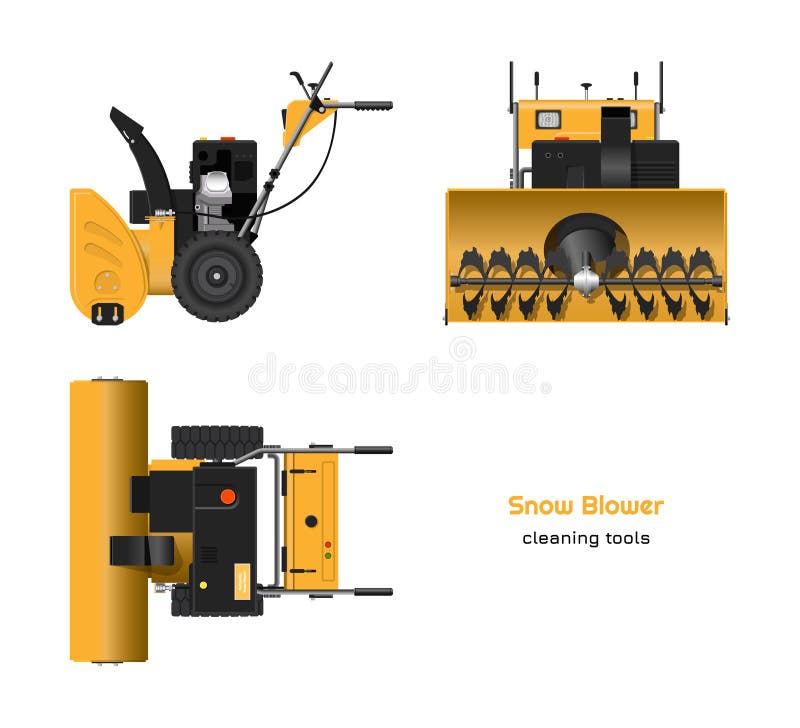 Blueprint of snow blower in realistic style. Top, side and front view. Winter hand tool. Isolated 3d plow machine royalty free illustration