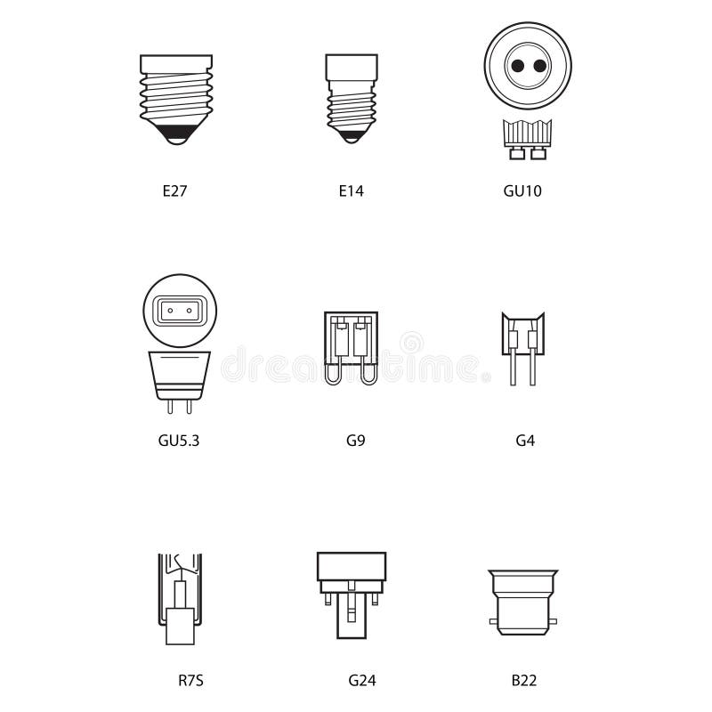 Blueprint, technical draw of different bulb socket on white background