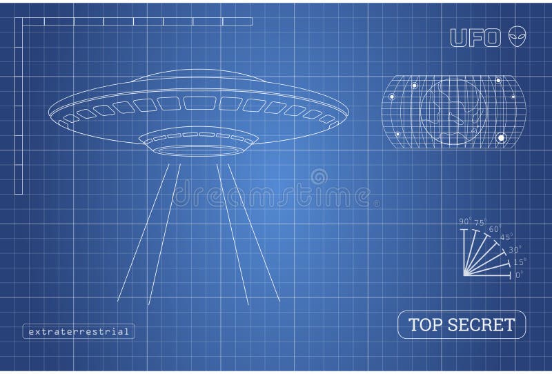 Blueprint of UFO. Technical document with the drawing of alien spaceship royalty free illustration