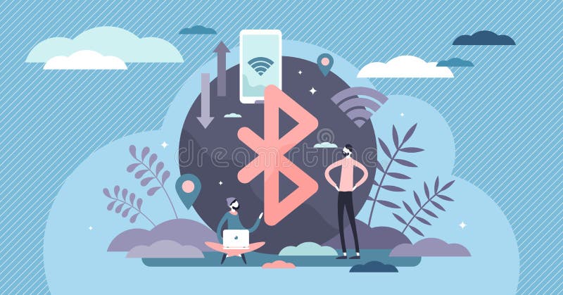 Bluetooth vector illustration. Wireless technology standard flat tiny persons concept. File exchange between devices using short range signal. Abstract tech elements with wifi transmission symbols.