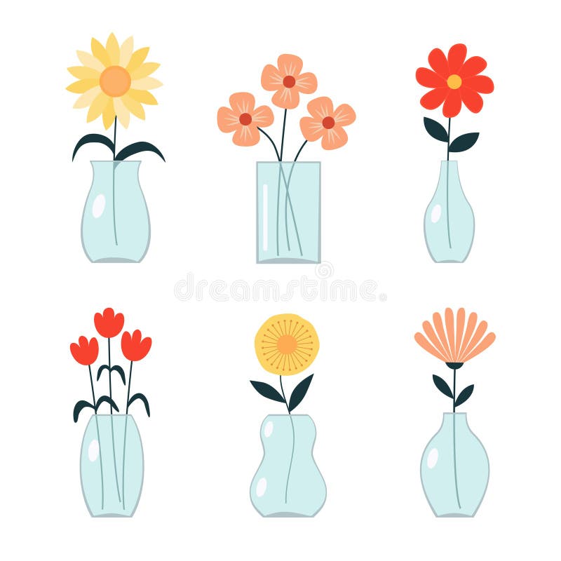 Blume in Vase-Linie. Transparente Glasvasen mit Wasser. Verschiedene Blumen. Daisy gerbera tulip. Farbige Ikone stock abbildung