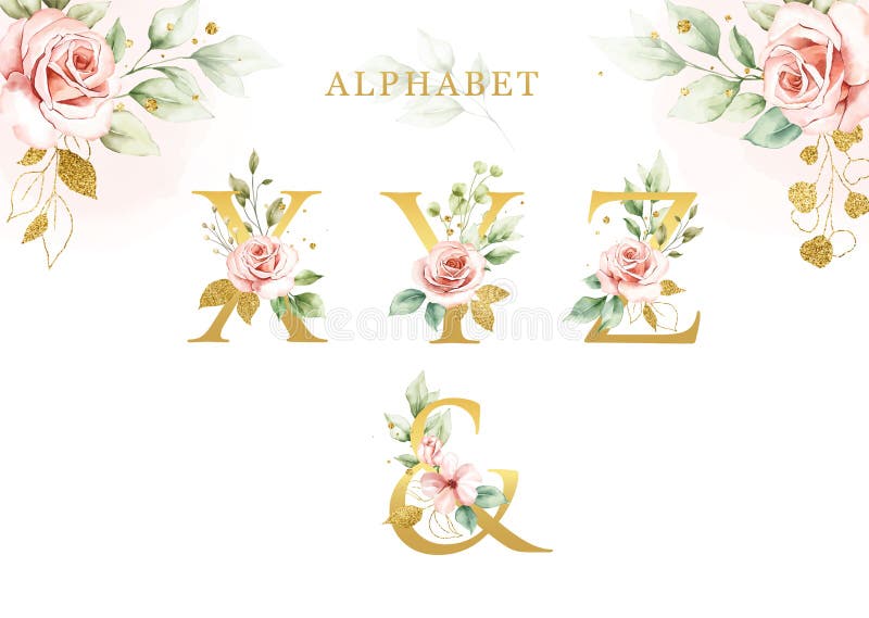 Blumen- Alphabetsatz des eleganten Aquarells x-y-z&with Goldene Blätter lizenzfreie abbildung