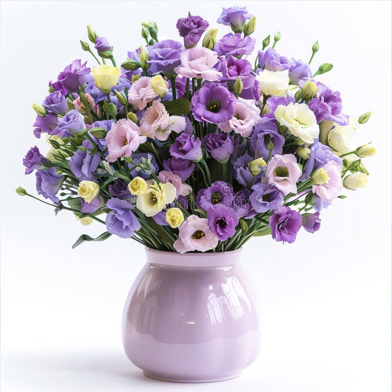 Blumenarrangements in Pastellfarben. Delikate Eustomblüten in einer Lilac-Vase vor weißem Hintergrund lizenzfreie abbildung