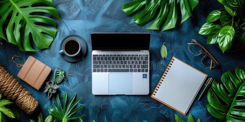 Blumenbildschirm auf einem Holzschreibtisch, umgeben von Pflanzen und Kaffeetasse in einem Arbeitsbereich. Ein Schreibtisch aus Holz ist mit einem leeren Laptop-Bildschirm, einem leeren Notizblock und einer Tasse Kaffee gefüllt. Grüne Grünpflanzen umgeben den Arbeitsbereich und schaffen eine entspannende Atmosphäre. Der Laptop ist zentral positioniert, während das Notebook und die Kaffeetasse auf der linken Seite platziert werden. Das Gesamtkonzept legt ein ruhiges und fokussiertes Umfeld nahe, das sich ideal für Produktivität oder kreative Arbeit eignet