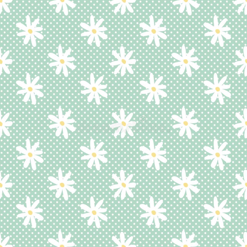 Blumengarten mit Kamillenblumen. Nahtloses Muster mit weißen Blumen auf grünem Polka-Punkt-Hintergrund vektor abbildung