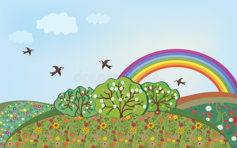 Floral landscape with rainbow cartoon. Floral landscape with rainbow cartoon