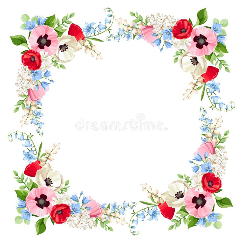 Blumenrahmen mit rosa blauen und weißen Blumen. Vektorgrafik. vektor abbildung