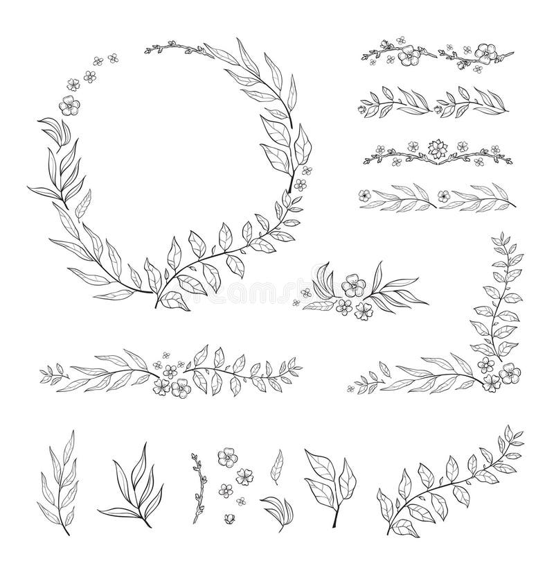 Blumenschwarzweiss-Feld-Sammlung in der Linie Art Satz des netten Retro- Blattes vereinbarte UNO eine Form des Kranzes lizenzfreie abbildung