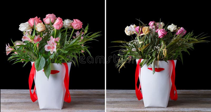 Blumenstrauß der verwelkten und frischen Blume in den weißen Kästen mit roten Bändern auf einem Holztisch Auf einem schwarzen Hin lizenzfreie stockbilder Blumenstrauß der verwelkten und frischen Blume in den weißen Kästen mit roten Bändern auf einem Holztisch Auf einem schwarzen Hin lizenzfreie stockbilder