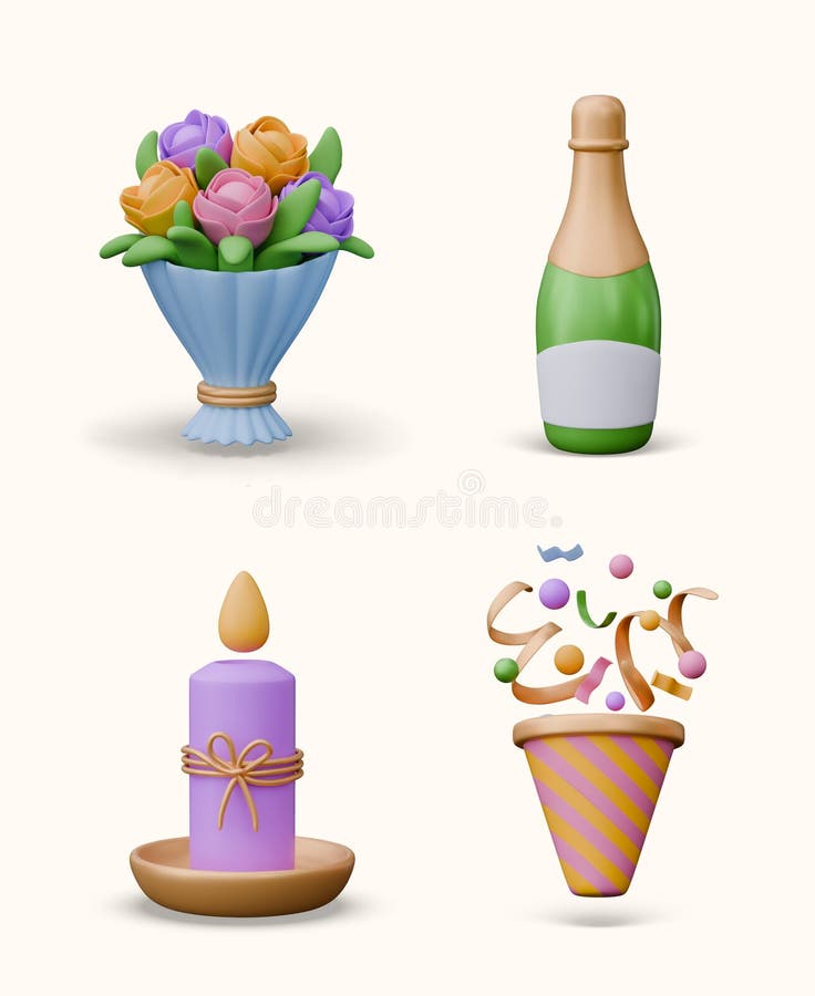 Blumenstrauß Flasche Champagner dekorative beleuchtete Kerzenblume Konfetti Pop lizenzfreie abbildung