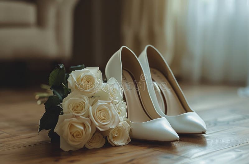 Blumenstrauß neben weißen Schuhen. Ein buntes Blumenstrauß, das neben einem Paar weißer Schuhe auf einer Holzfläche aufgestellt wurde. generierte ai ai generative