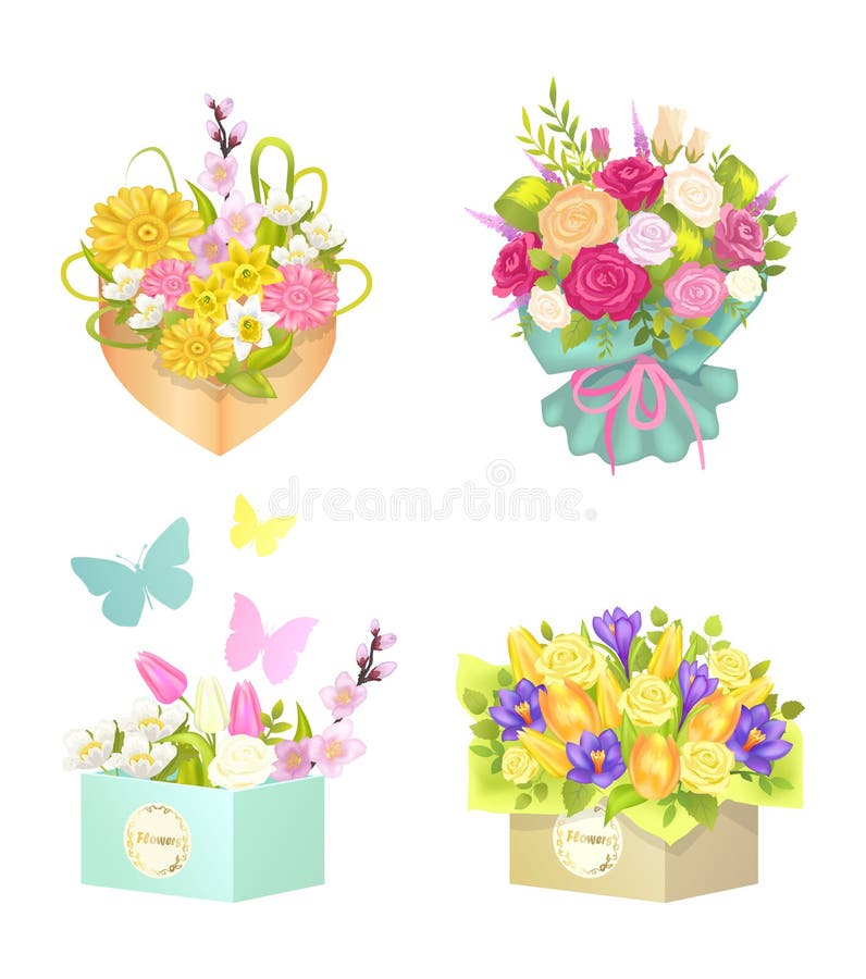Blumensträuße und Blumen eingestellt, Vektor-Illustration vektor abbildung Blumensträuße und Blumen eingestellt, Vektor-Illustration vektor abbildung