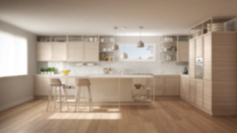 Blur background interior design, white kitchen with wooden details and parquet floor, modern pendant lamps, minimalist concept stock illustration Blur background interior design, white kitchen with wooden details and parquet floor, modern pendant lamps, minimalist concept stock illustration