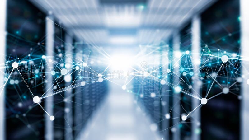 Blurred symmetrical abstract lines and dots connected network technology data center concept background soft focus vector illustration