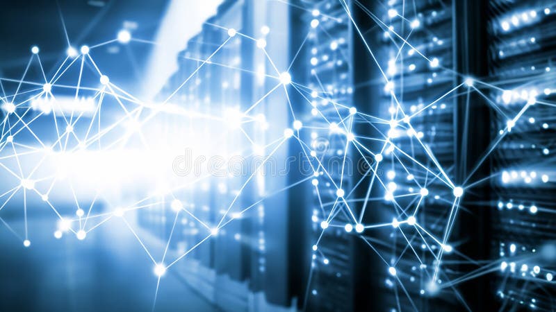 Blurred symmetrical abstract lines and dots connected network technology data center concept background soft focus royalty free illustration