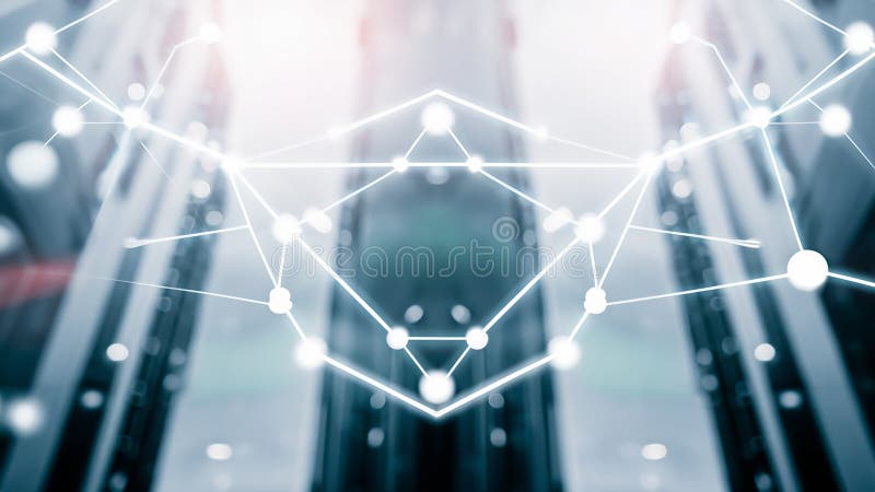 Blurred symmetrical abstract lines and dots connected network technology data center concept background soft focus stock illustration