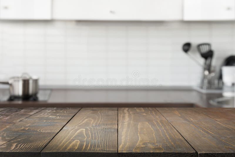 Blurred Background. Modern Defocused Pastel Kitchen with Empty Wooden ...