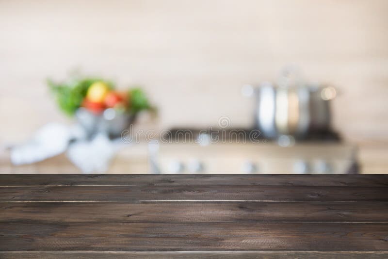 Empty Wooden Tabletop and Defocused Modern Kitchen As Background for ...