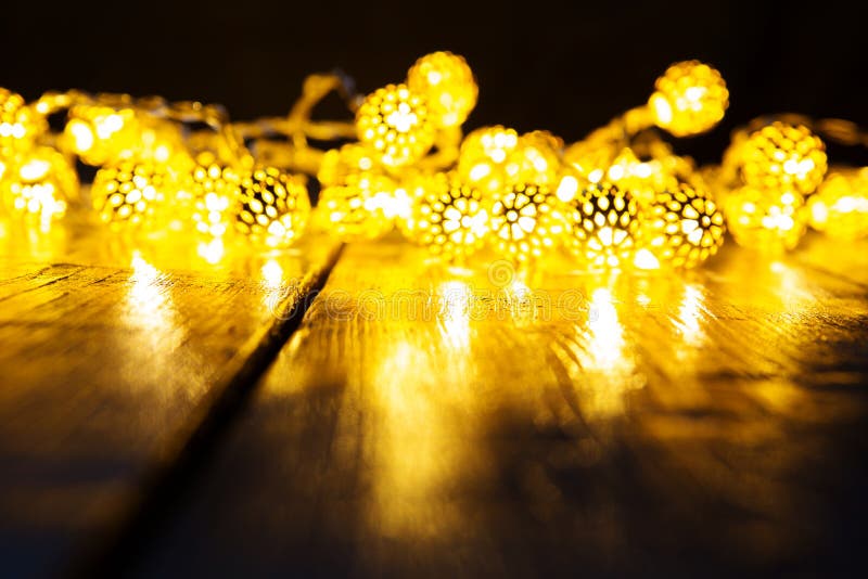 Blurred Background. Yellow or Warm White Color Christmas Lights Stock