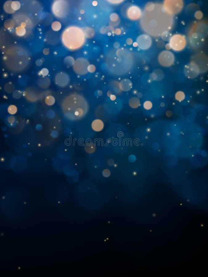 Blurred bokeh light on dark blue background. Christmas and New Year holidays template. Abstract glitter defocused stock illustration