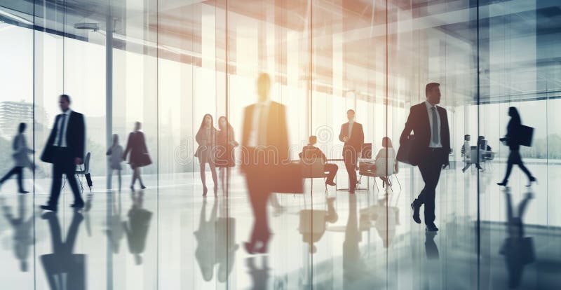 Blurred business people in white glass office background. Generative AI vector illustration