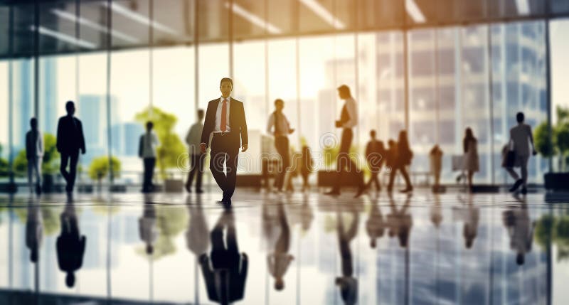 Blurred business people in white glass office background. Generative AI royalty free illustration