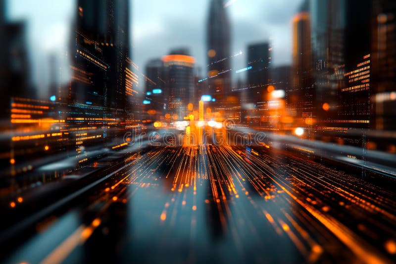 Blurred city skyline illuminated with lights and dynamic digital data streams royalty free stock photo