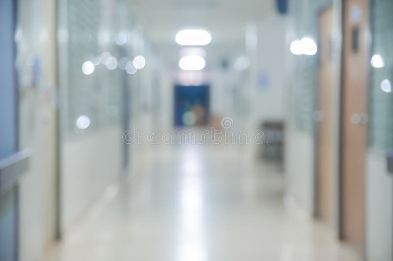 Blurred Empty Abstract Hospital Corridor Pathway White soft Blue Background From Perspective Building Hallway for useus way to business success or technology background design