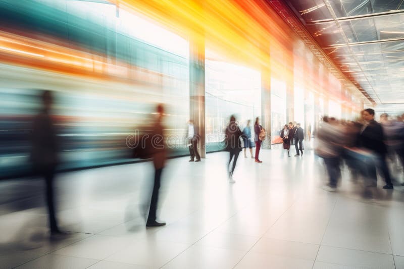 Blurred image of business people in the lobby of a modern office building stock illustration